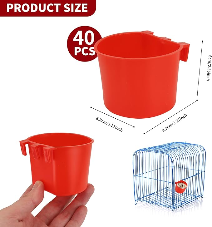 40 Pcs Cage Cups Birds Feeders Bird Water Dispenser Hanging Quail Waterer Plastic Chicken Feeding Watering Dish for Small Coop Parrot Parakeet PET Poultry Pigeon Gamefowl Food Seed Bowl Supplies(Red)