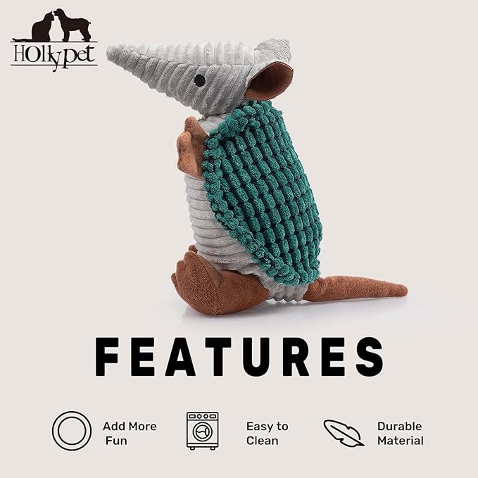 Hollypet Plush Dog Squeaky Toy Stuffed Armadillo Animal Pet Puppy Chew Toys with Clean Teeth for Small Medium Large All Breed Sizes Dogs, Deep Green, 10in