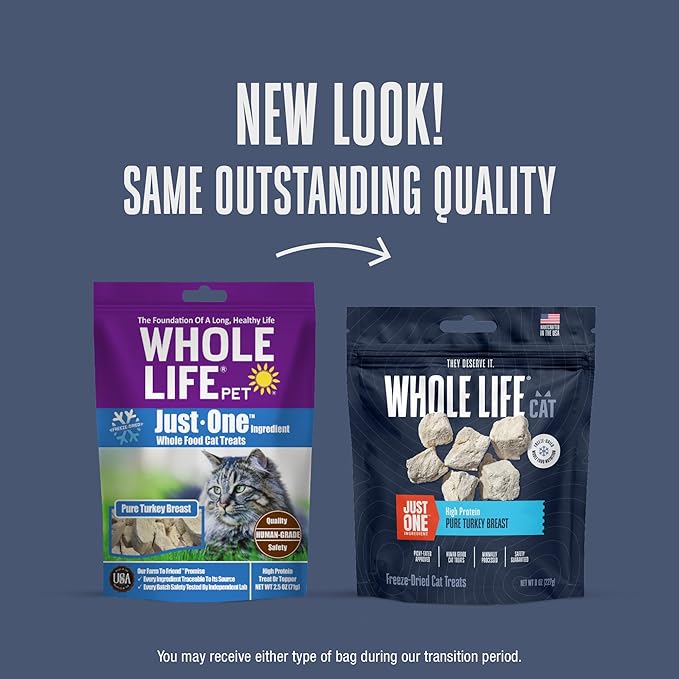 Whole Life Cat Just One Turkey Freeze Dried Cat Treats - Human Grade High Protein Food, Healthy Training Snacks, Freeze Dried Turkey Food Toppers, USA Made Natural Treats - 8 oz (Pack of 1)