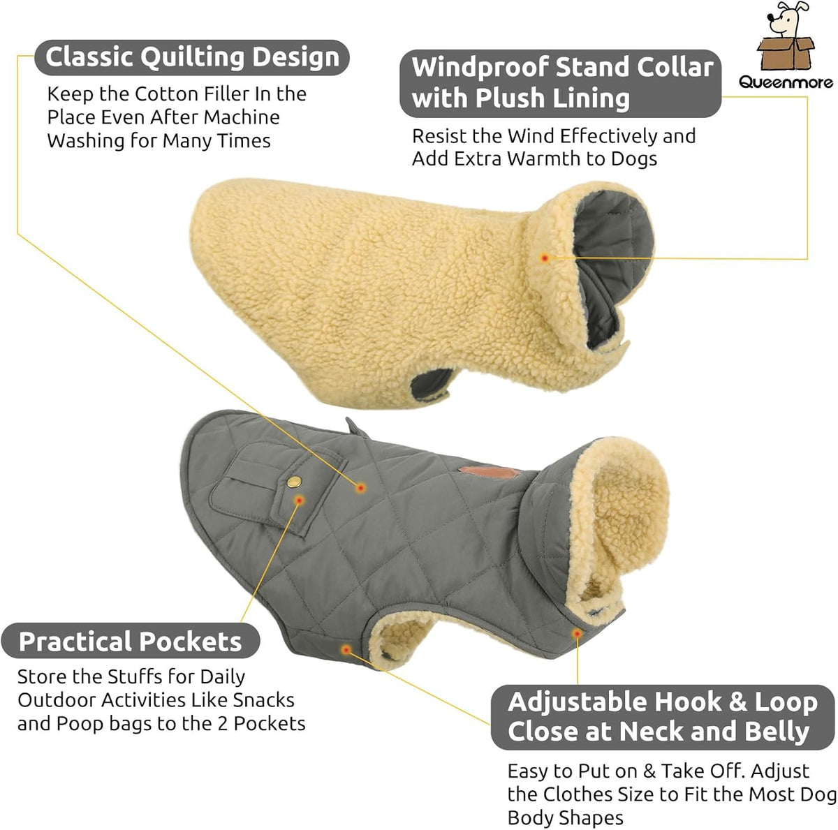 Queenmore Dog Winter Coat - Fleece Jacket, Waterproof Cold Weather Clothes, Thick Warm Cotton Padding, Easy On Storage Pockets (Grey, Medium)