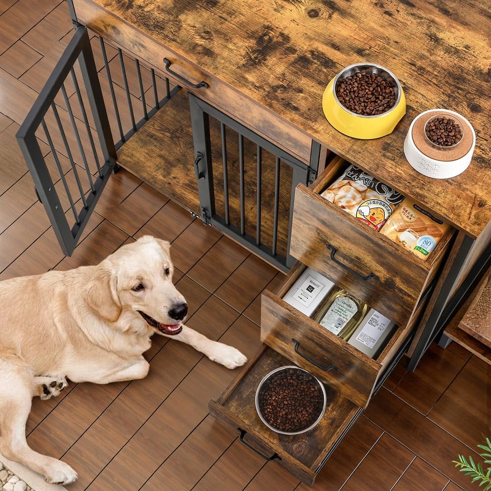 VECELO Dog Crate Furniture, 43 inch Wood Dog Crate End Table with Storage Drawers, Heavy Duty Dog Kennel Furniture Indoor, Rustic Brwon