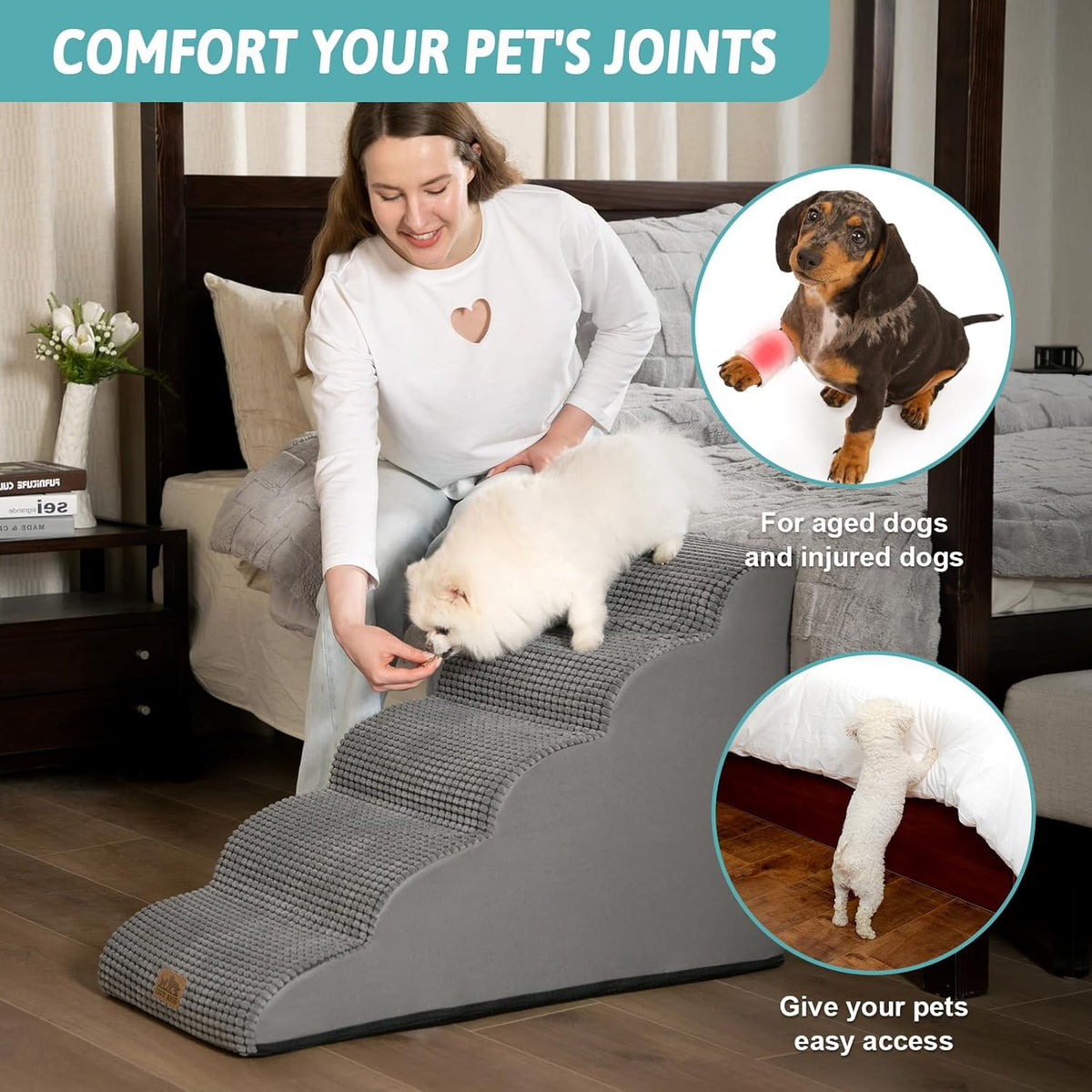 Dog Stairs for High Bed 22.6" H, Small Dog Step for Puppy, Older or Cat, Curved Ramp for Car, Ladder with High Density Foam, Lightweight, Durable, 15.7x33x22.6 inch, 5 Step, Light Grey