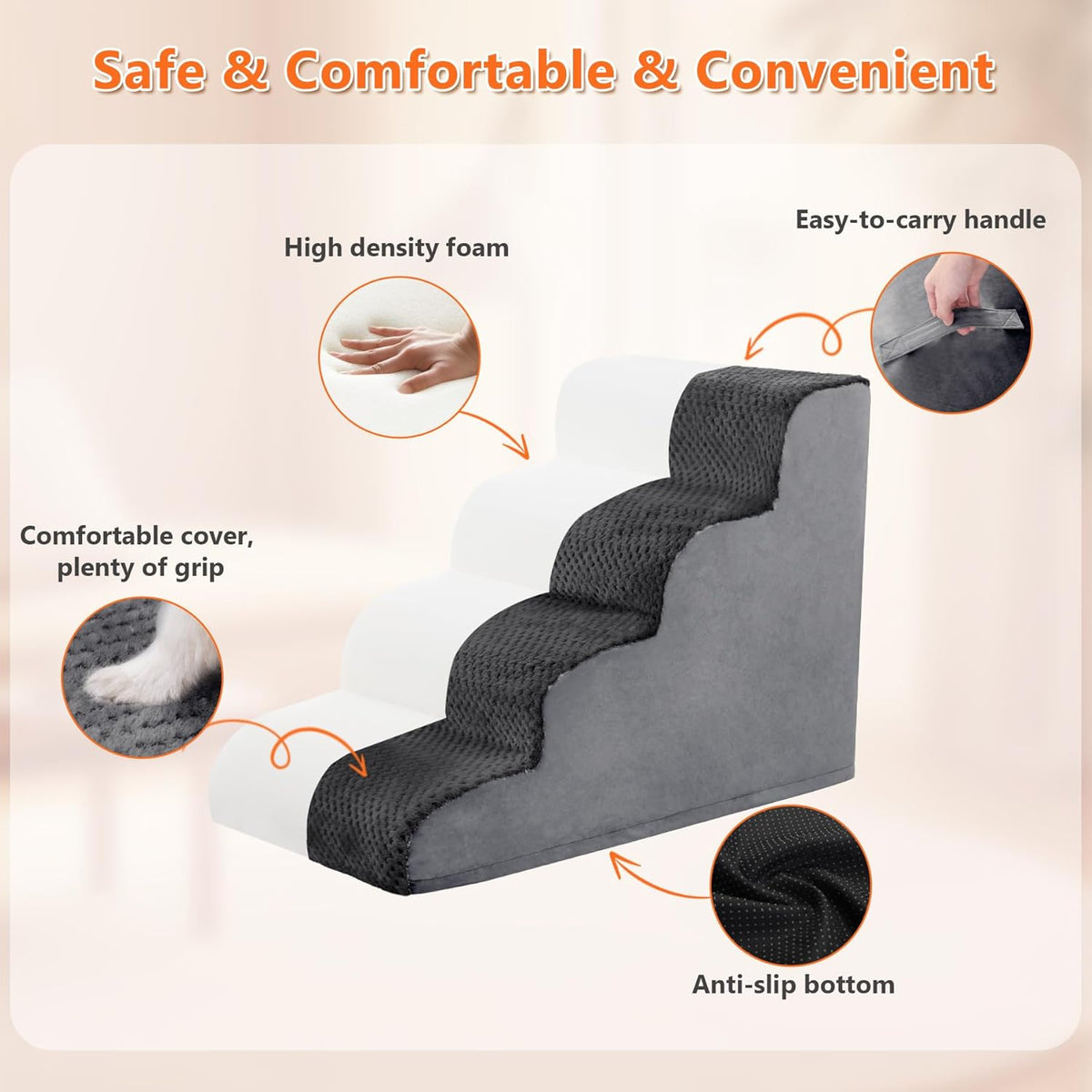 MIHIKK Dog Stairs Ramp, Curved 4-Step Dog Steps for Small Dogs and Cats, Pet Stairs for High Beds and Couch with Anti-Slip Washable Cover and Durable High Density Foam, Dark Grey