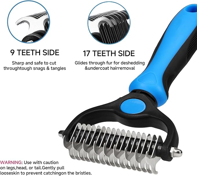 4 Pack Pet Grooming Kit - Deshedding Rake, Fine Tooth Comb, Grooming Gloves & Bath Brush for Dogs,Cats and Horses - Skin Friendly Deshedding Grooming Tool (Blue)