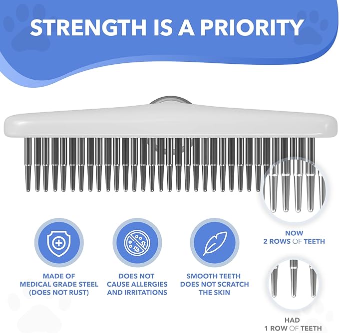 Dog rake deshedding dematting Brush Comb - Undercoat rake for Dogs, Cats, matted, Short,Long Hair Coats - Brush for Shedding, Double Row Stainless Steel pins - Reduce Shedding by 90% (White)