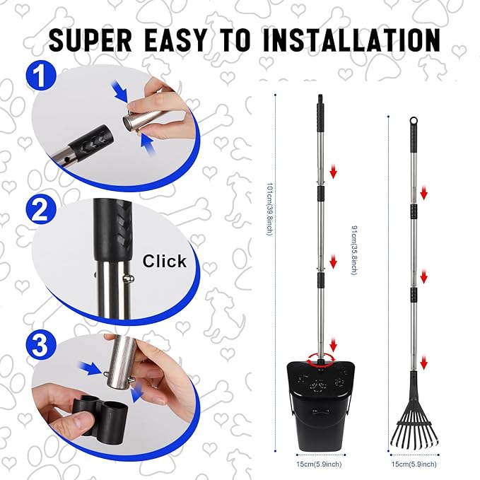 Dog Pooper Scooper with 20 Bag Attachment Long Handle Swivel Bin, Rake Heavy Duty Pooper Scooper for Large Medium Dogs Easy to Clean Poop Scooper for Yard, Grass, Gravel