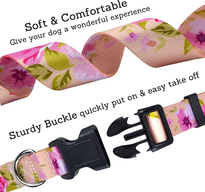 Dog Collar with Bohemia Floral Tribal Geometric Patterns - Soft Ethnic Style Collar Adjustable for Small Medium Large Dogs (Pink Rose,XS)