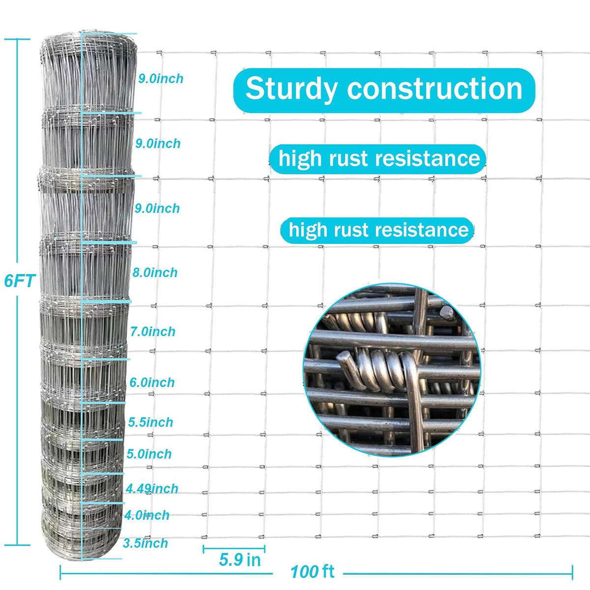Farm Fence 6ft x 100ft Heavy Zinc Coating Field Wire Fencing, Deer Fence, Galvanized Livestock Fence,Goat Fence,Hog Wire Fencing, Garden Fencing Used to Yard and Garden