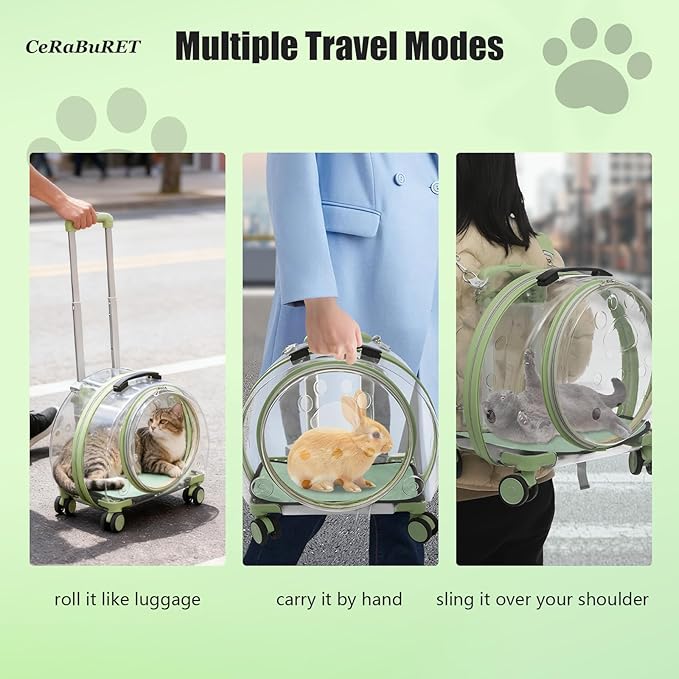 Transparent & Fully Breathable Hard Cat Carrier with Rolling Wheels, Multiple Carrying Carrier for Cats, Dogs, Or Bunnies for Traveling, Taking a Walk, Applicable Weighing up to 19.84lbs (Green,Clear)
