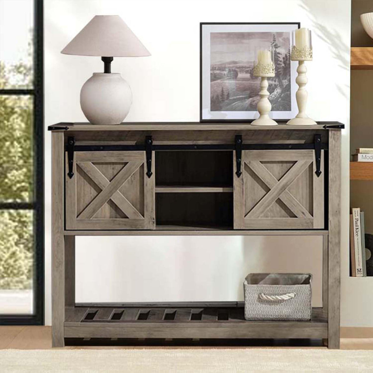 Entryway Table with Storage, Farmhouse Buffet Cabinet Coffee Bar Kitchen Island with Sliding Barn Doors & Shelves, Console Table for Kitchen, Dining Room, Living Room, Grey
