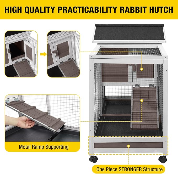 Aivituvin Rabbit Hutch 62" Rabbit Cage Indoor Outdoor Chicken Coop Guinea Pig Cage on Wheels Bunny Cage with 3 Deep No Leakage Pull Out Tray,Waterproof Roof (Brown)