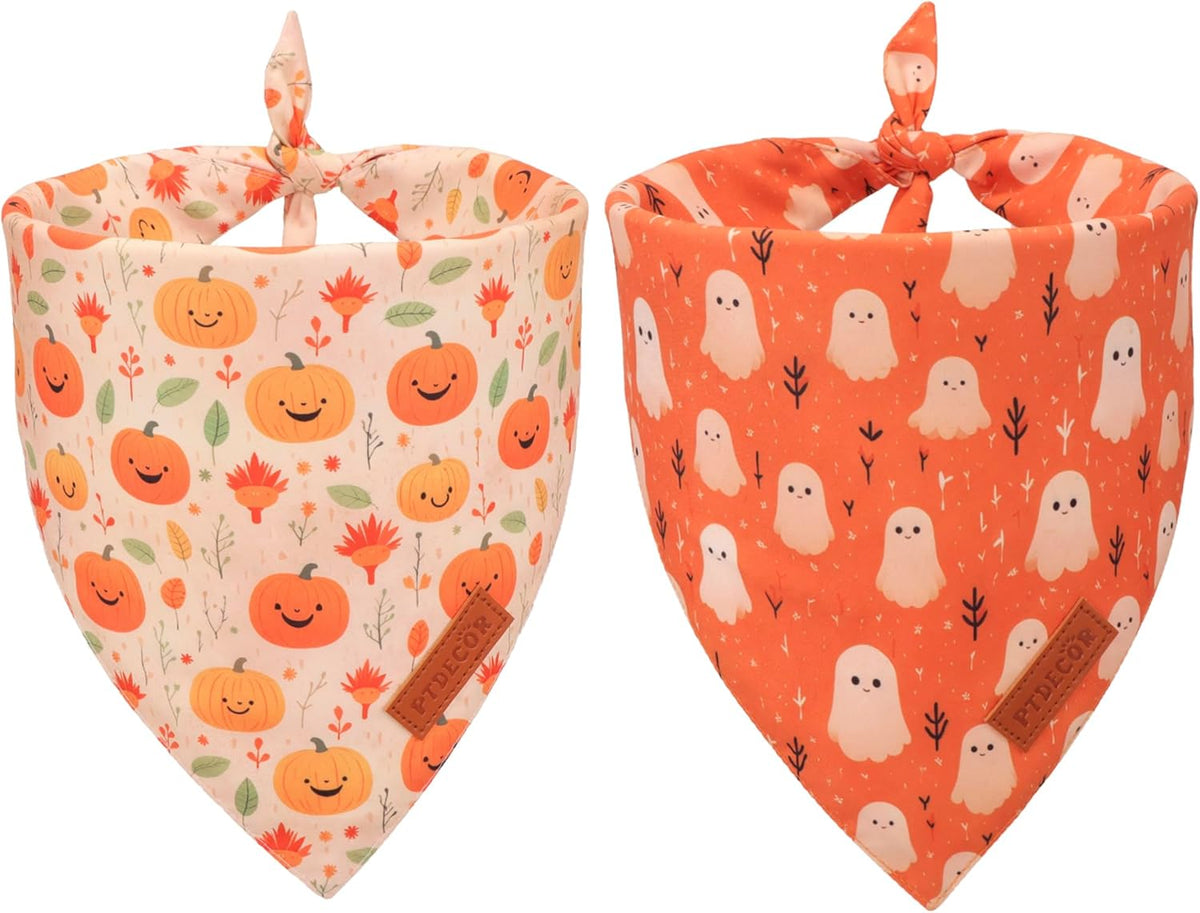 PTDECOR Halloween Dog Bandana, Ghost Pumpkin Design Reversible Holiday Dog Scarf, Triangle Halloween Bandanas for Medium Large Dogs Pets (Large)