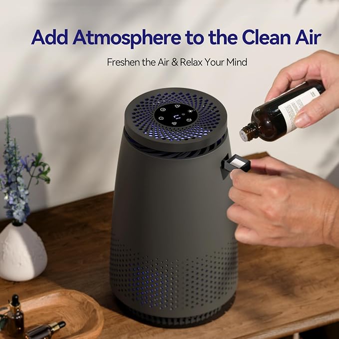 Air Purifiers for Home Bedroom, 3-in-1 HEPA Filter for Pets Dander Dust Pollen Smoke Odors, Quiet Air Cleaner with Sleep Mode, 12H Timer, Night Light, Aromatherapy, Safety Lock, Black
