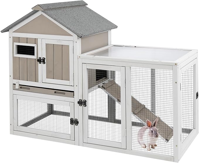 46.5" L Rabbit Hutch Indoor Outdoor Rabbit Cage with Run, Pull Out Tray, Asphalt Roof Large 2 Story Bunny Hutch Wooden Chicken Coop Guinea Pigs Pet House Cage for Small Animals,Grey