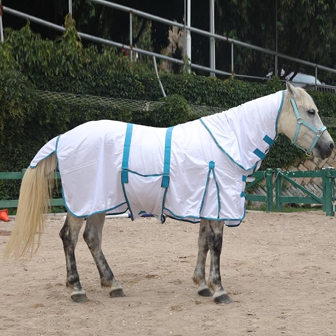 Horse Fly Sheet with Detachable Neck Cover & Belly Wrap, Adjustable Fly Sheet for Horses, Ventilated Airflow Mesh Equine Cooling Summer Flysheet White 72