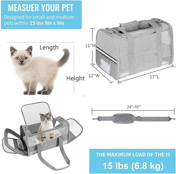 Pet Carrier Soft Side Cat Carrier Collapsible Travel Puppy Carrier Bag TSA Airline Approved Kitten Carrier Bag for 15 lbs Small Pets (Gray)