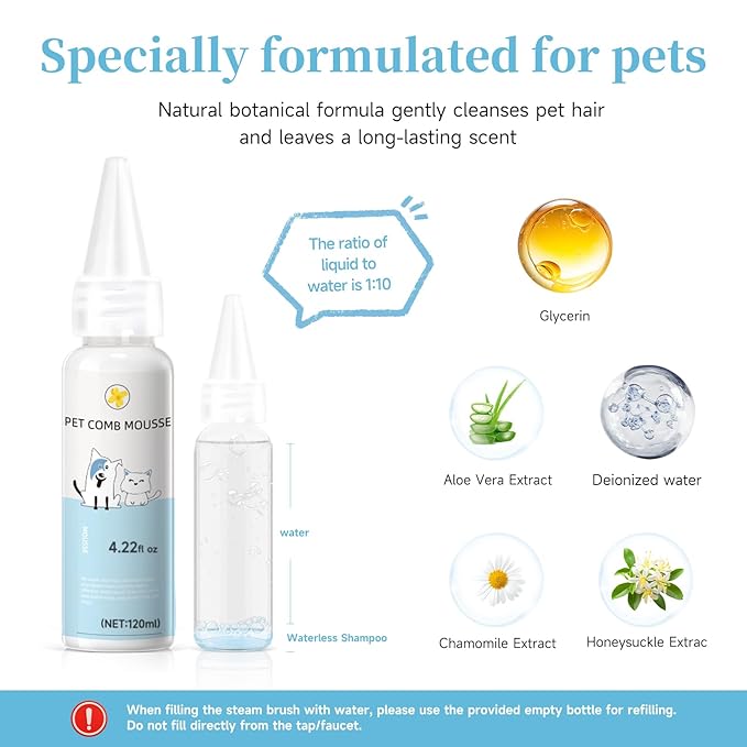 Pet Steam Brush for Dog & Cat - 3-in-1 Steam Grooming Brush for Shedding & Hair Removal - Self Cleaning Spray Comb with Mist for Long Haired Pets - Includes 2*Waterless Shampoo, Yellow