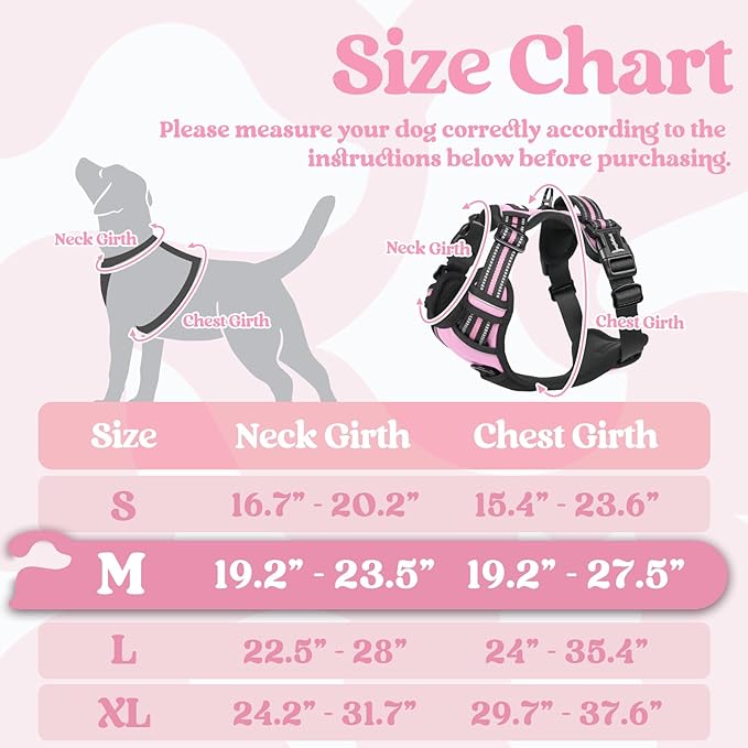 rabbitgoo Dog Harness Medium Sized, No Pull Pet Harness with 3 Buckles, Adjustable Soft Padded Vest with Control Handle, Walking Reflective Pet Vest for Medium Dogs, Pink, M
