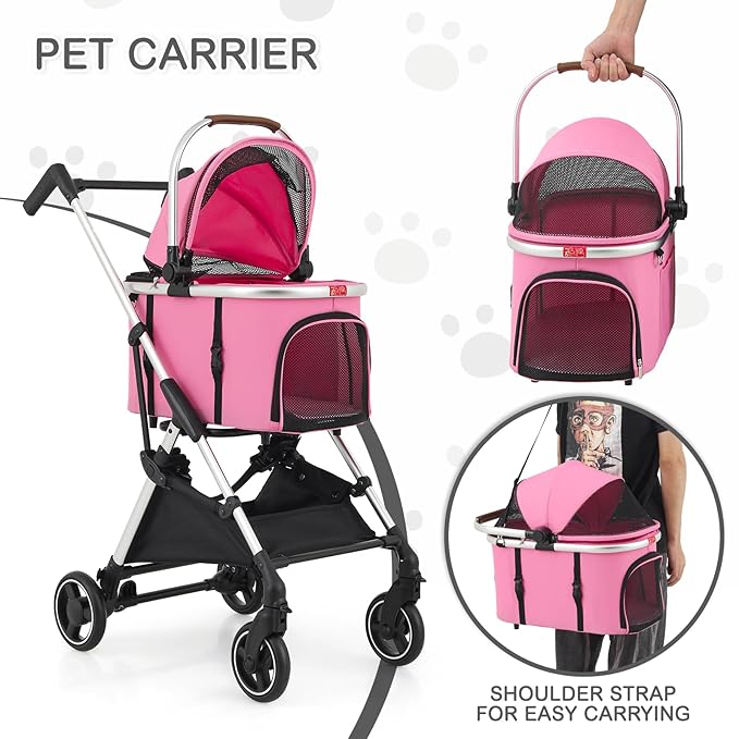 MoNiBloom Pet Stroller for Small/Medium Dogs w/Detachable Carrier & Lightweight Aluminum Frame, Folding Jogging Travel Stroller, Pink