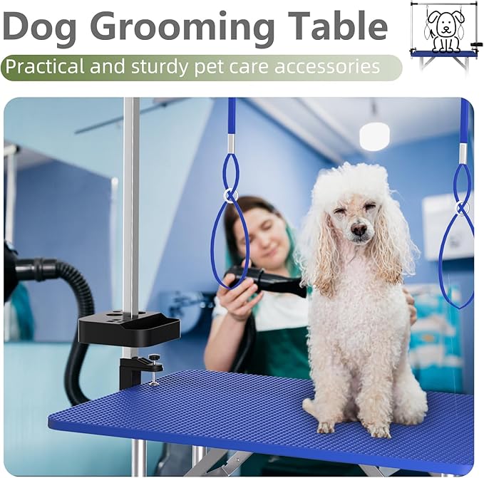 VFK 36''/47''Large Dog Grooming Table, Foldable Pet Station at Home, Dog Grooming Table,Adjustable Cat Drying Desktop with Arms, Nooses, Mesh Tray (Stainless Steel pet Table, 36" Blue)