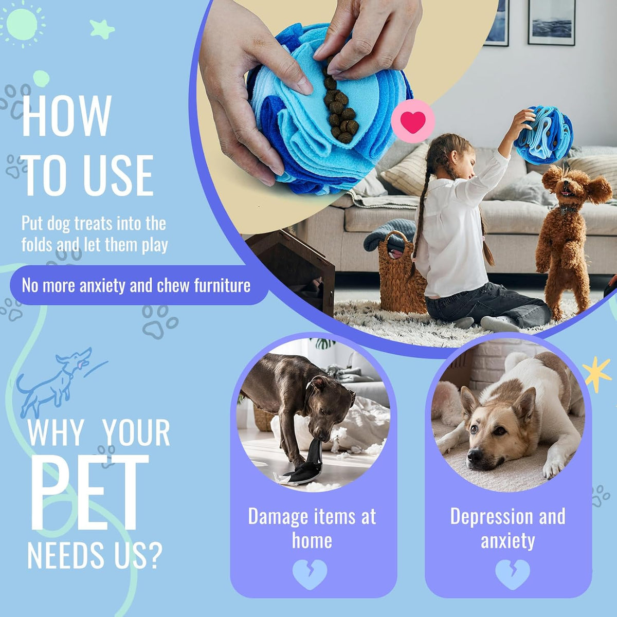 Pet Snuffle Ball, Puzzle Sniffing Interactive Dog Ball for Blind Dogs Training Stress Relief Dog Enrichment Toys Treat Machine Washable (Ocean Blue, 10cm)