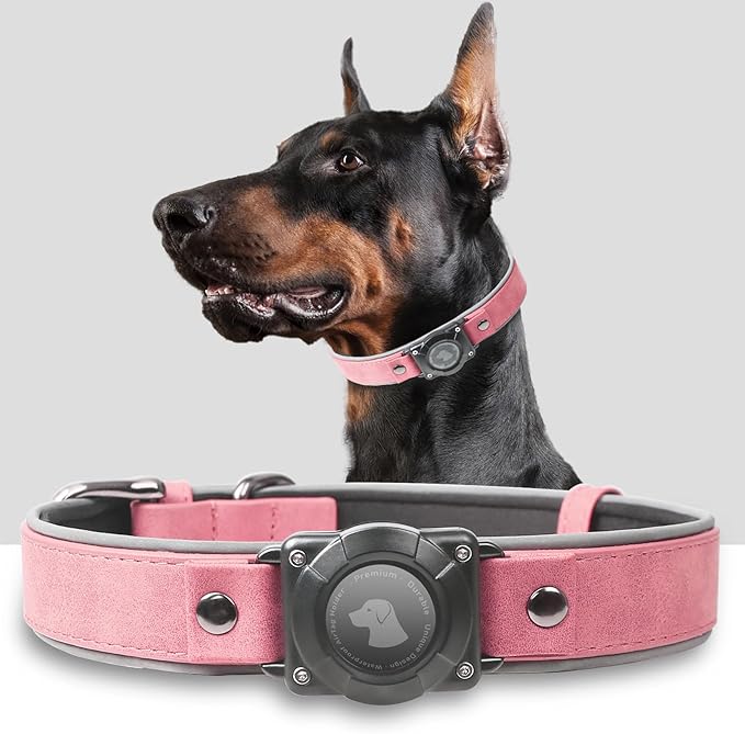 AirTag Dog Collar - Leather Dog Collar with Air Tag Holder | IPX8 Waterproof, Reflective, High - End, Adjustable Soft Padded | Dog GPS Tracker Collars Fit for Medium Large Dogs (Pink, M(12.5"-17.3"))