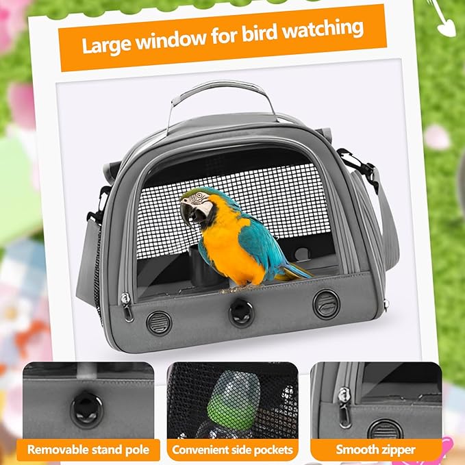 Bird Backpack,with Feeder Cups Tray Perch Portable Breathable Bird Carrier,for Small Birds Parrots Cockatiels (Gray)