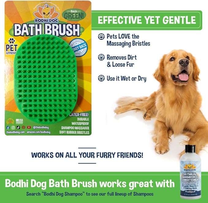 Bodhi Dog Shampoo Brush - Pet Grooming & Bath Supplies for Dogs and Cats - Bath Brush for Long & Short Hair - Premium Scrubber for Shower, Bathing & Massage (One Pack, Green)