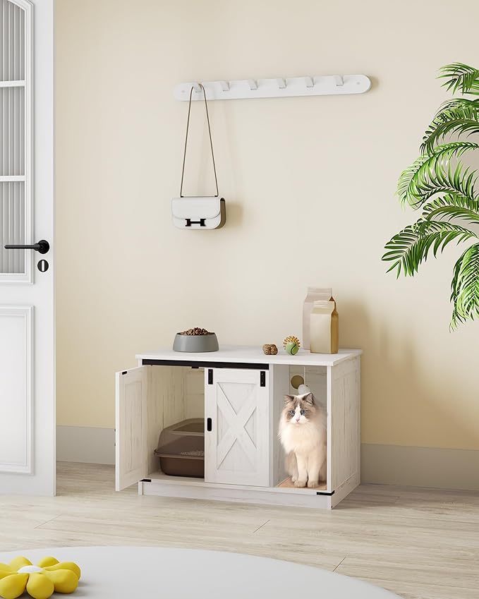 Cat Litter Box Enclosure, Hidden Litter Box Cabinet Furniture with Bell, Indoor Cats House, Farmhouse Style, 31.5 x 19.7 x 20.9Inches, for Hallway, Bedroom, White CB82414B