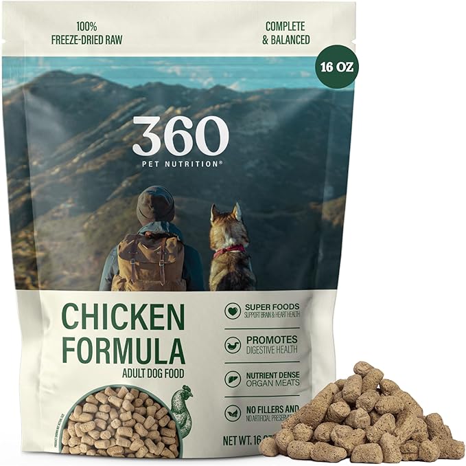 360 Pet Nutrition Freeze-Dried Raw Dog Food – Chicken Recipe with Liver & Organs, High Protein, Omega-3s, Fruits, Veggies & Superfoods, Grain-Free, No Fillers, 1 lb – Made in USA