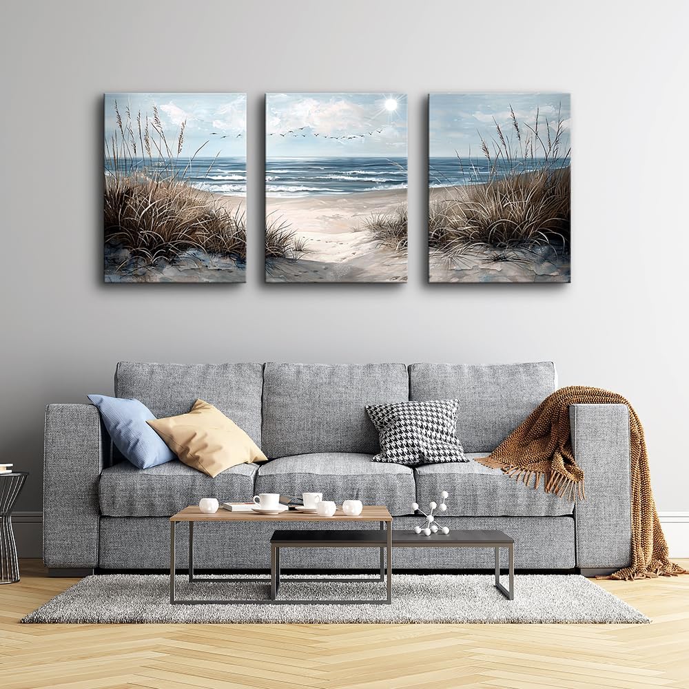 TTHYUEWS Canvas Wall Art For Living Room Wall Decor For Bedroom Modern Office Canvas Art Office Decor Blue Sea Beach Wall Paintings Prints Pictures Artwork Ready To Hang Home Decor 20" X 28"3 Piece