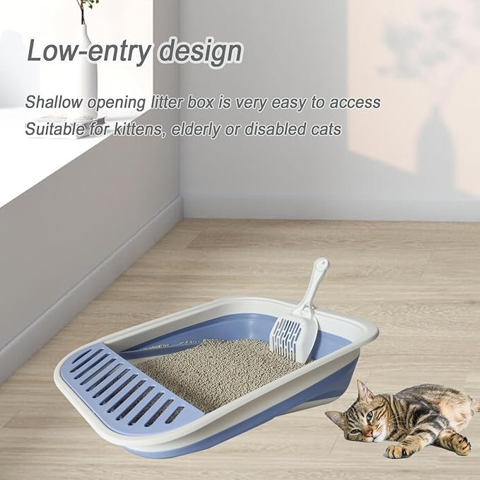 Senior Cat Litter Boxes, Collapsible Open Low Entry Cat Litter Pan with Scoop Travel Kitty Potty Pan Foldable Pet Toilet for Sick Disabled Older Elderly Cats 20.9x15.7x5.7 inch