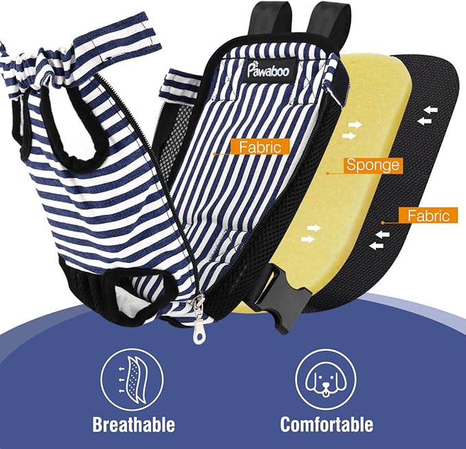 Pawaboo Pet Carrier Backpack, Adjustable Pet Front Cat Dog Carrier Backpack Travel Bag, Legs Out, Easy-Fit for Traveling Hiking Camping for Small Medium Dogs Cats Puppies, Medium, Blue & White Stripes
