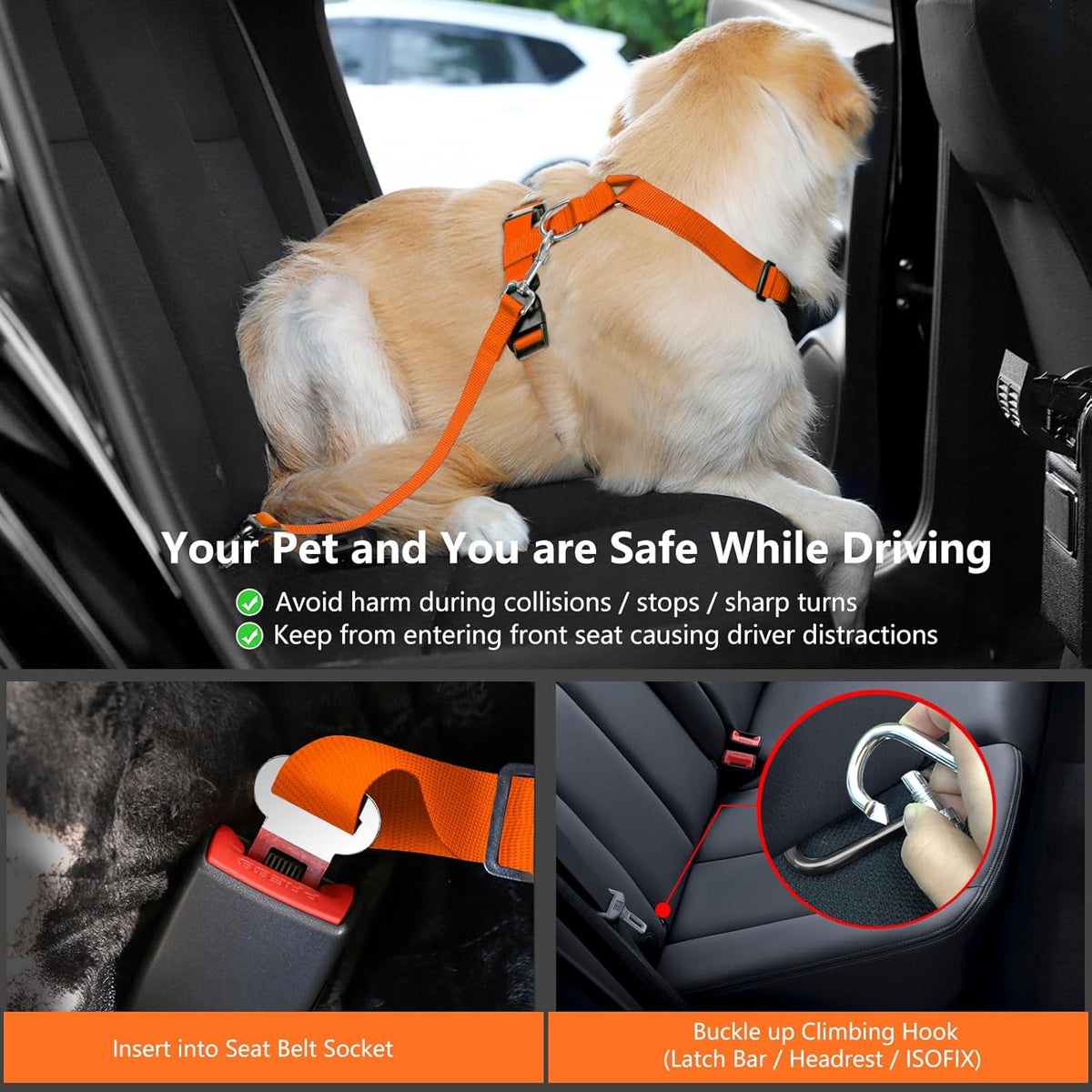 Dog Seat Belt, Safety Vest Dog Car Harness with Adjustable Buckle Dog Seat Belt for Vehicle Nylon Pet Safety Seat Belts Heavy Duty(S, Orange)