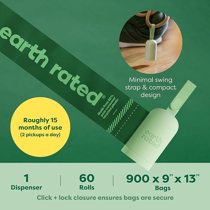 Earth Rated Dog Poop Bag Holder, Durable and Guaranteed Leakproof, Unscented, 1 Dispenser and 900 Bags