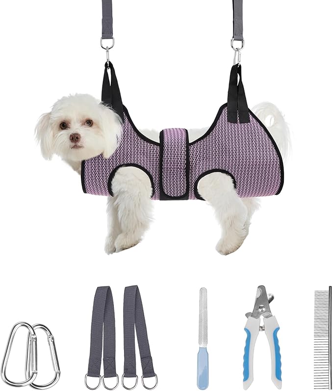 PAWCHIE Dog Grooming Hammock Harness for Dogs & Cats with Pet Nail Clipper Trimmer- Breathable Cat Hanger Sling for Trimming Clipping Nails-Dog Hammock Restraint Bag for Small Medium Large Dog,Pink XS