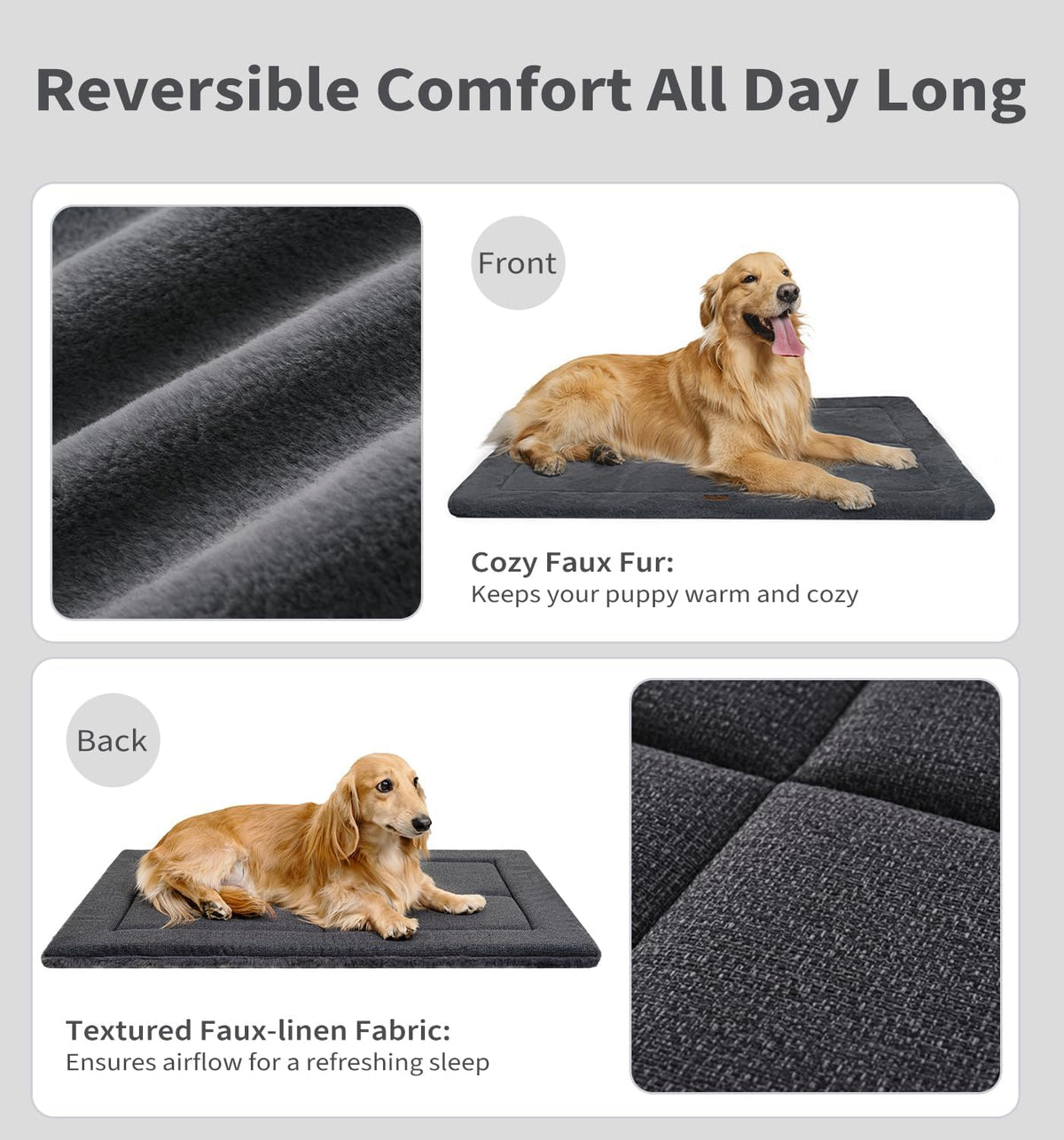 Made4Pets Dog Crate Pad Bed for Large Dogs, Washable & Reversible, Anti-Slip Kennel Mat for Cozy Sleeping, Soft Fluffy Dog Bed for Indoor & Outdoor Use, 36"x27", Dark Gray