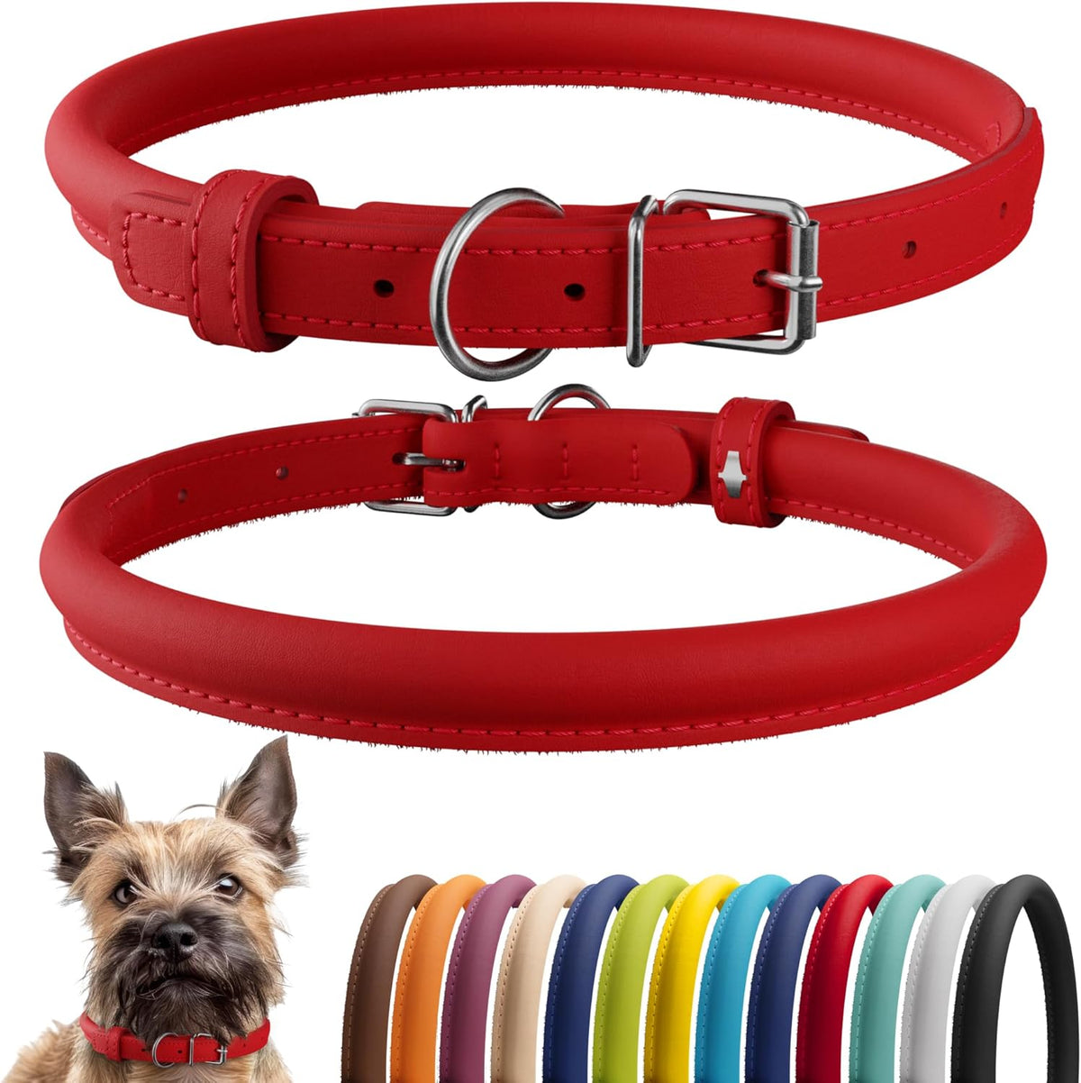 CollarDirect Rolled Leather Dog Collar, Soft Padded Round Puppy Collar, Handmade Genuine Leather Collar Dog Small Large Cat Collars 13 Colors (8-11 Inch, Red Smooth)