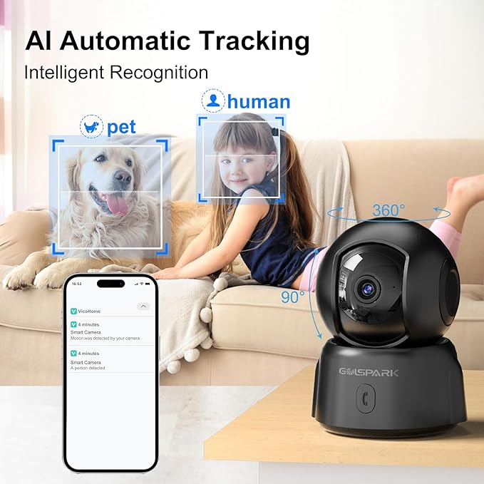 GOLSPARK Dog Pet Camera for Home Security 2K,2.4GHz WiFi Camera Baby Monitor for Room with Motion Tracking Detection Night Vision,Two-Way Audio SD/Cloud Storage