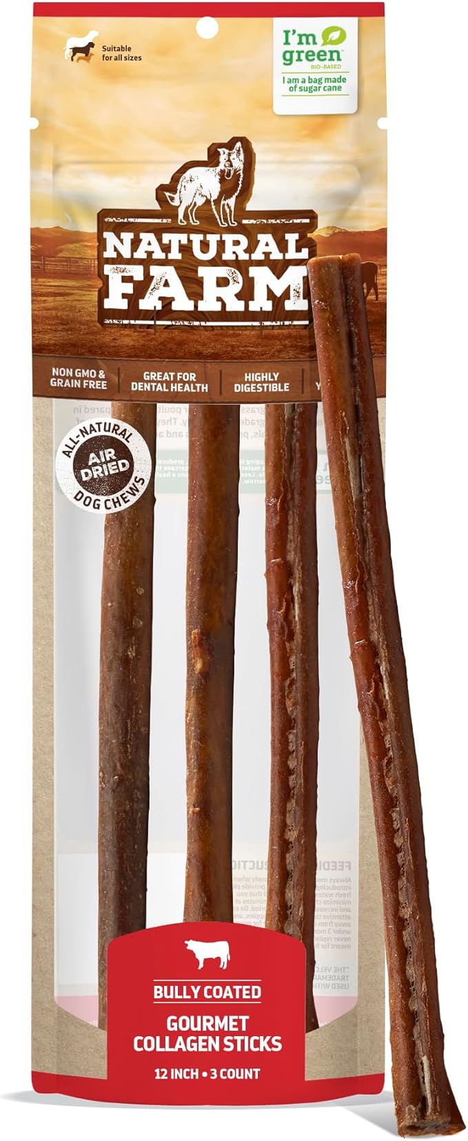 Natural Farm Collagen Chews. 6 Inch, 10 Pack. Odor-Free Long Lasting Bully Sticks & Rawhide Alternative Dog Treats, 95% Collagen Low Fat, High Protein Best Dental Dog Treats – Medium & Large Dogs