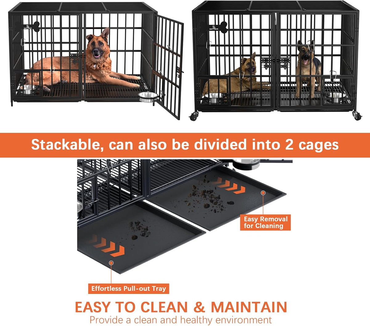 aboxoo 42 inch Stackable Heavy Duty Metal Dog Crate for 4 Dogs/Large Dog,All Metal Open Top Access,Escape Proof Cage,Dog Kennel Indoor with Wheels,Floor Grid, Tray, Divider and Feeding Bowl