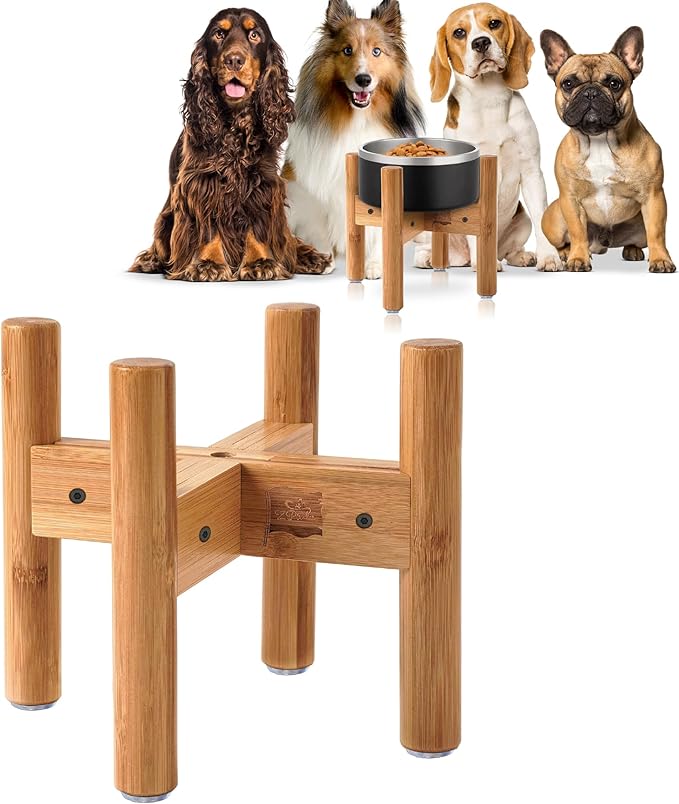 Dog Bowl Stand for Medium Breeds - Raises Bowls to 9-inch High, Ants/Bugs-Off - Adjustable, Fits Various Sizes of Dog Food/Water Bowls and Slow Feeders - Bamboo