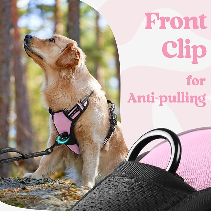rabbitgoo Dog Harness for Large, No Pull Pet Harness with 3 Buckles, Adjustable Soft Padded Vest with Control Handle, Walking Reflective Pet Vest for Large Dogs, Pink, L