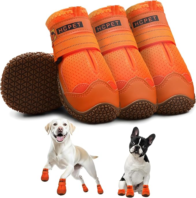 Hcpet Dog Shoes for Large Dogs, Breathable Dog Booties for Small Medium Dogs, Anti-Slip Dog Boots & Paw Protectors for Hot Pavement Winter Snow Hiking with Reflective Straps Orange Size 5