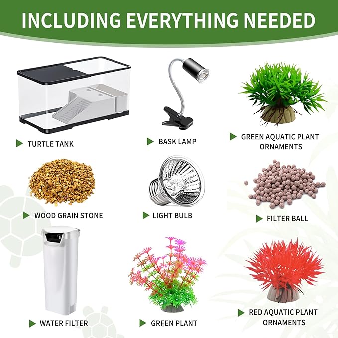 (Tank + Light + Filter + Filter Balls) Turtle Tank Kit, Turtle Tank Starter Kit,Bottom Drainage, Multi-Function Areas for Turtles, Crabs,Fishes, Amphibians,Reptiles.(15.75 x 8.64 x 8.64 Inch)