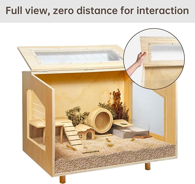 Wooden Hamster Cage - 24 inch Guinea Pig Cage Clear Small Animal cage with Open top Hamster Habitat Wooden Frame with Acrylic Panel