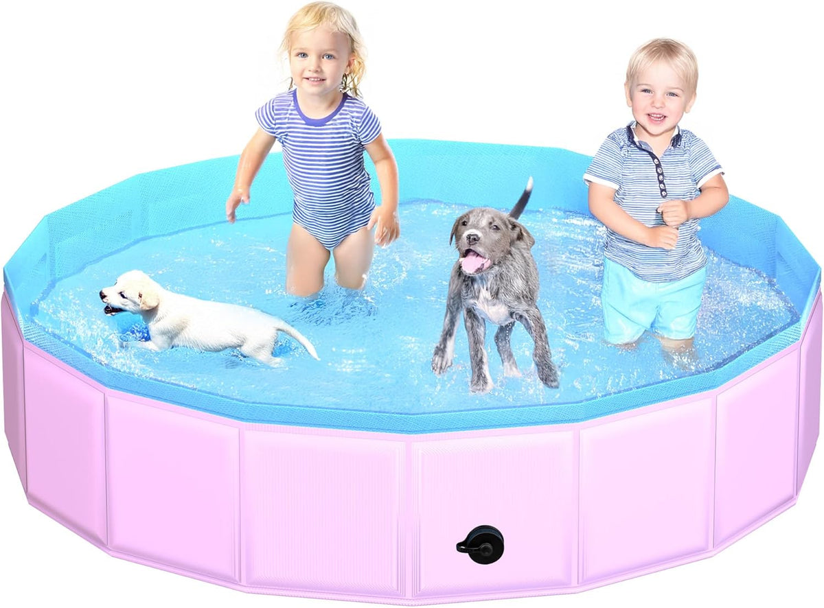 2025 Updated Foldable Dog Pool, 79" x 12" Kiddie Pool with Hard Plastic, Non-Slip Dog Bath Tub for Outdoor Backyard, Collapsible Dog Swimming Pool for Kids Dogs Pets (Pink)