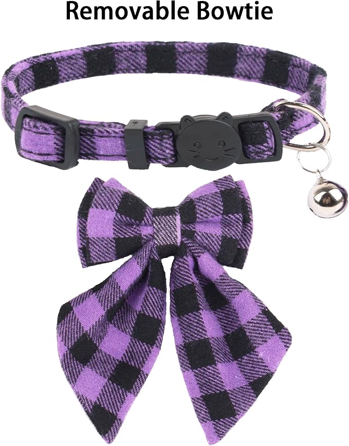 ADOGGYGO Halloween Cat Collars with Removable Bow Bell, 2 Pack Orange Purple Plaid Halloween Bowtie Collar for Cats Kittens