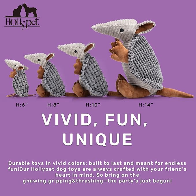 Hollypet Plush Dog Squeaky Toy Stuffed Armadillo Animal Pet Puppy Chew Toys with Clean Teeth for Small Medium Large All Breed Sizes Dogs, Dark Gray, 10 in