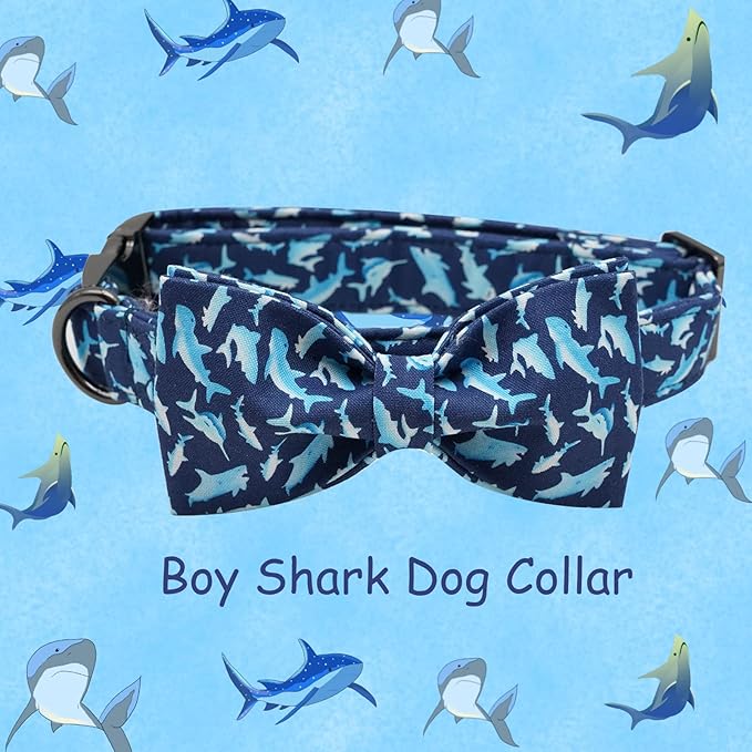 Elegant Little Tail Dog Collar with Bow, Shark Print Adjustable Cute Bowtie Collar for Medium Dogs